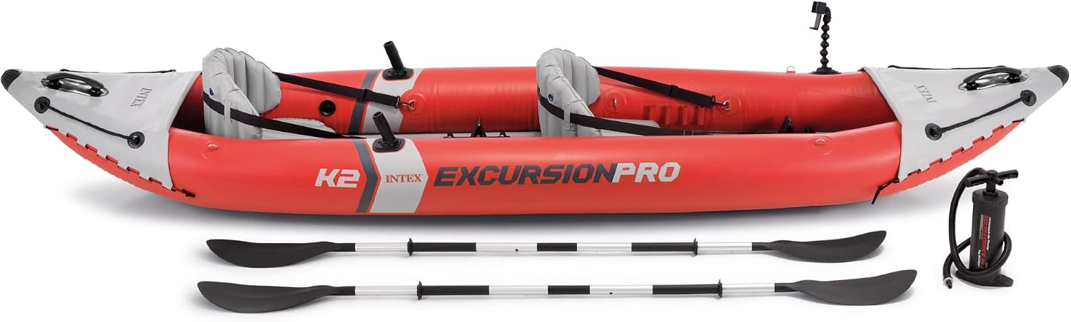 INTEX 68309EP Excursion Pro K2 Inflatable Kayak Set: Includes Deluxe 86in Kayak Paddles and High-Output Pump – SuperTough PVC – Adjustable Bucket Seat – 2-Person – 400lb Weight Capacity