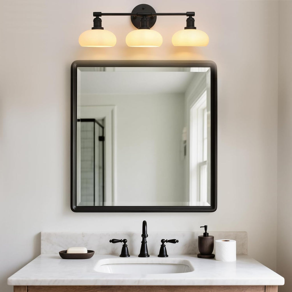 Pathson 3-Lights Milky Bathroom Wall Sconces, Hardwired Triple Head Glass Wall Vanity Light Fixtures, Vintage Wall Lamps Home Decor for Mirror Living Room, E26 Bulb Base
