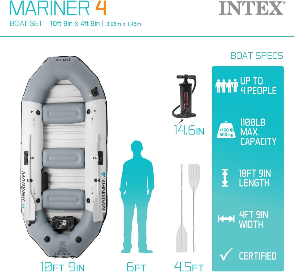 INTEX Mariner Inflatable Boat Series: Includes Deluxe Boat Oars and High-Output Pump – SuperTough PVC – Wear-Resistant Keel – Removable Fishing Rod Holders – Heavy Duty Grab Handle