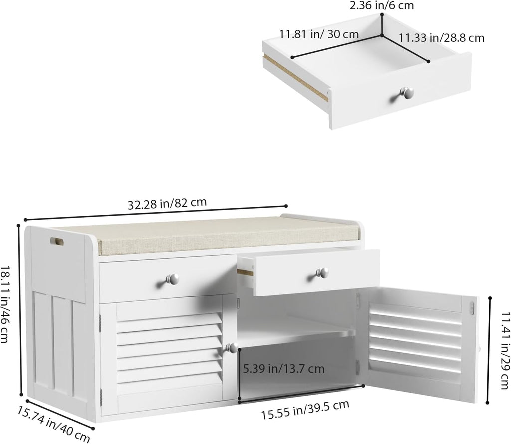 WARMHONIU Shoe Storage Bench with 2 Drawers, Entryway Bench with Cushion, Adjustable Shelves, Shoe Rack Bench with Louvered Doors for Entryway, Bedroom, Hallway, White