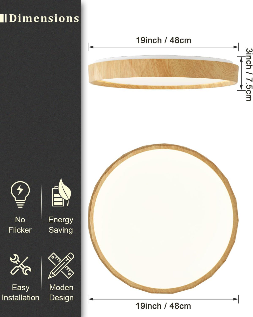 ANYLOVE 19 inch LED Flush Mount Ceiling Light Fixture,3000K 4000K 5000K Adjustable Ceiling Lights, Farmhouse Oak Wood Grain Ceiling Light for Bedroom Hallway Bathroom Kitchen