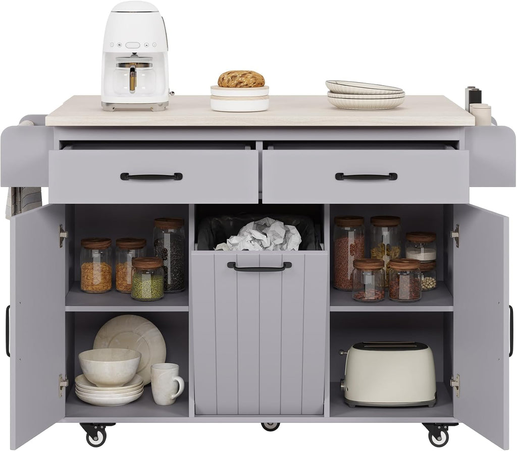 Kitchen Island with Trash Can Storage Cabinet, Kitchen Cart with Drop Leaf, Spice Rack, Towel Rack and Drawer, Rolling Kitchen Island on Wheels with Adjustable Shelf, Grey