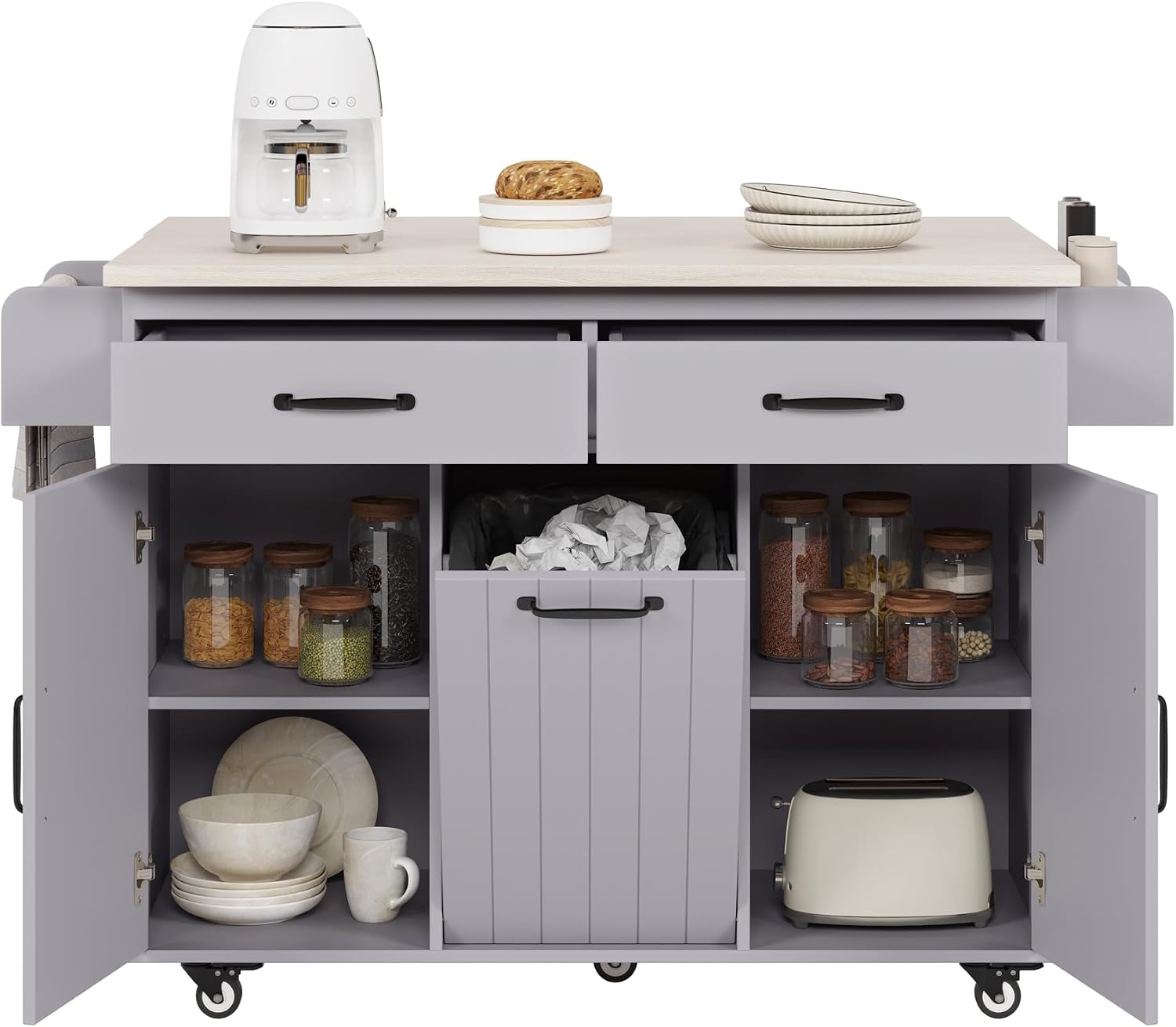 Kitchen Island with Trash Can Storage Cabinet, Kitchen Cart with Drop Leaf, Spice Rack, Towel Rack and Drawer, Rolling Kitchen Island on Wheels with Adjustable Shelf, Grey