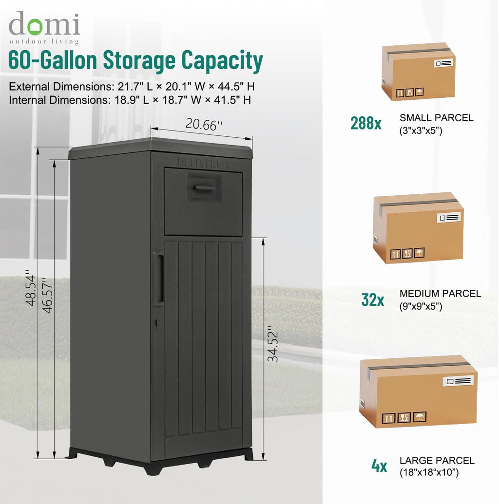 Domi 60-Gallon Outdoor Package Delivery Box - Weatherproof Double-Wall Resin, Lockable Parcel Drop Box for Porch/Curb