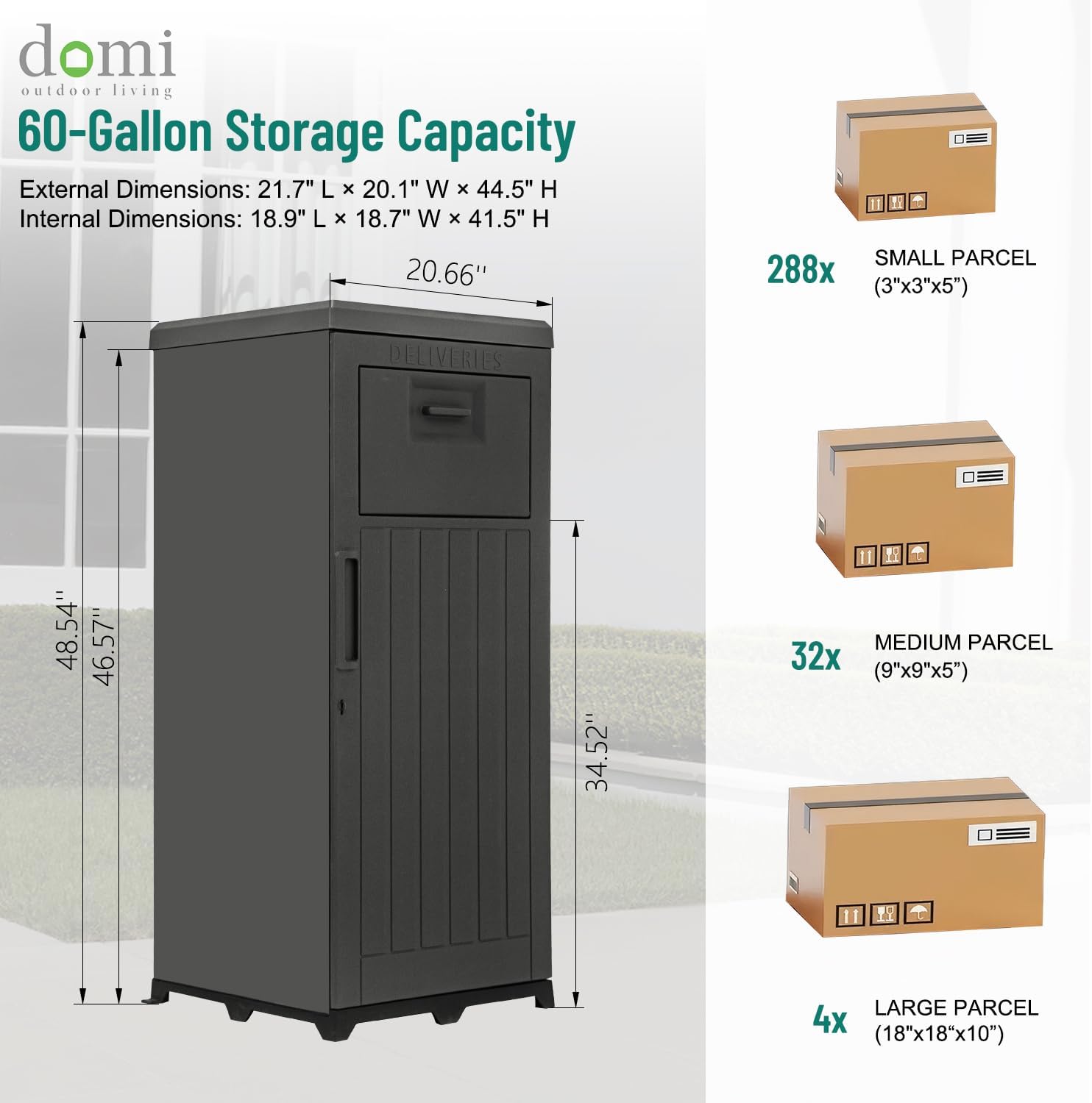 Domi 60-Gallon Outdoor Package Delivery Box - Weatherproof Double-Wall Resin, Lockable Parcel Drop Box for Porch/Curb