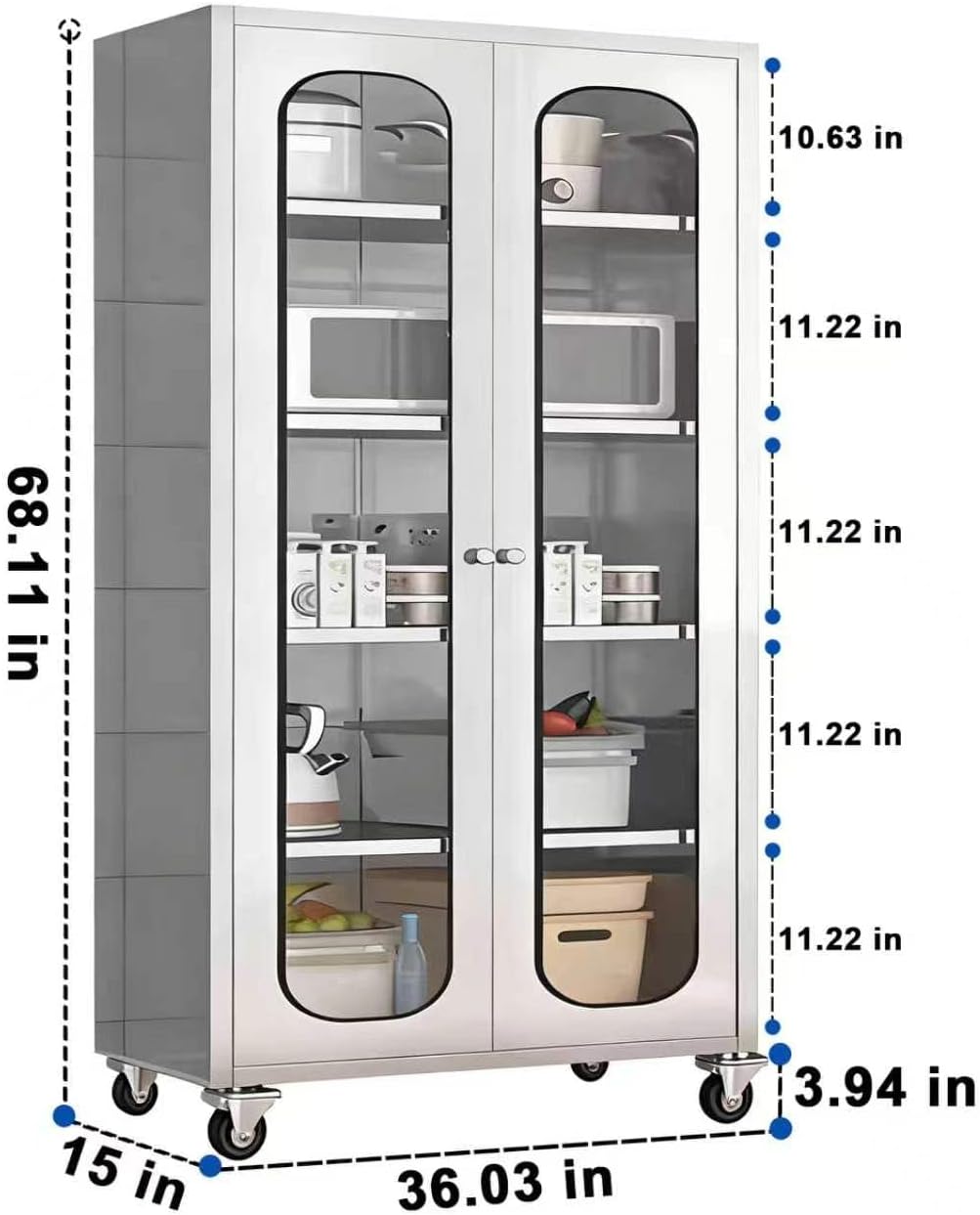 ZZV 68' Tall Stainless Steel Storage Cabinet with Wheels, Fully Assembled 5-Tier Kitchen Pantry Cabinet with Glass Doors for Garage, Utility Room, Laundry Room, Restaurant, Cafe, and Outdoor