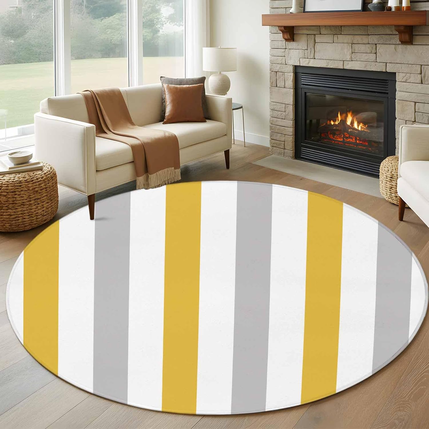 Large Round Rug 7Ft, Orange Grey Striped Living Room Circle Rug Washable Round Area Rug, Geometric Vertical Stripes White Non Slip Indoor Carpet for Entryway Dining Room Bedroom Aesthetic Decor