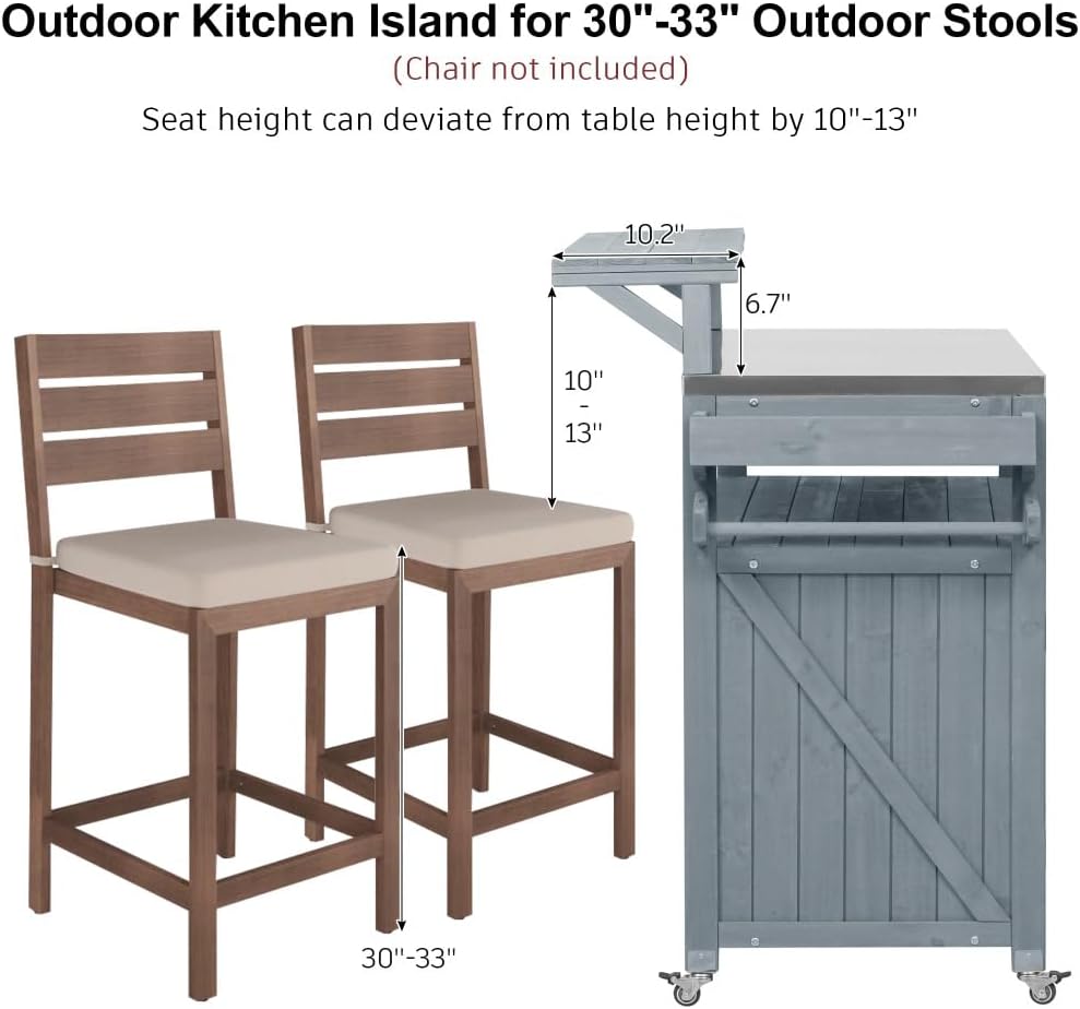 53.3' Outdoor Kitchen Island with Raised Shelf, Solid Wood Storage Cabinet with Stainless Steel Top, Outdoor Rolling Grill Cart with Internal Storage Rack, Adjustable Shelf, Spice Rack (Grey)