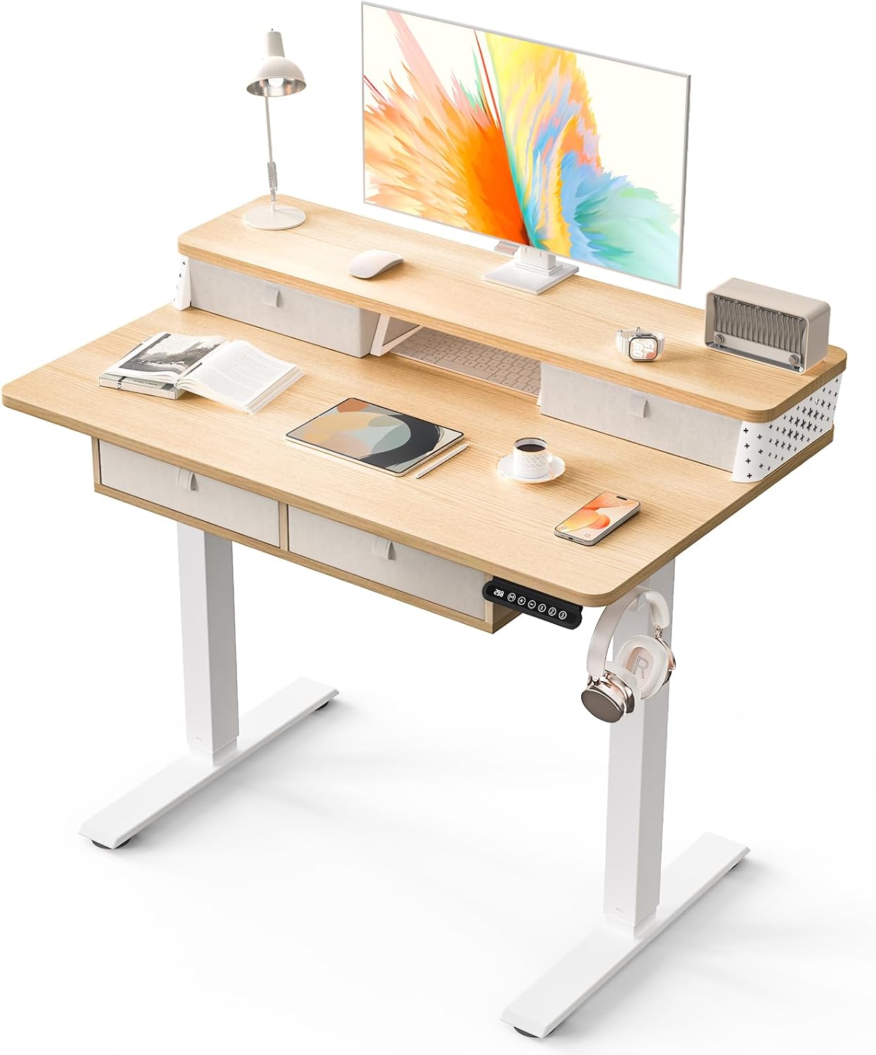 Kingant 40 x 24 Inch Small Electric Standing Desk with 4 Drawers, Height Adjustable Sit to Stand Computer Desk with Storage Shelf and C-Clamp Mount Compatibility for Home Office, Nature