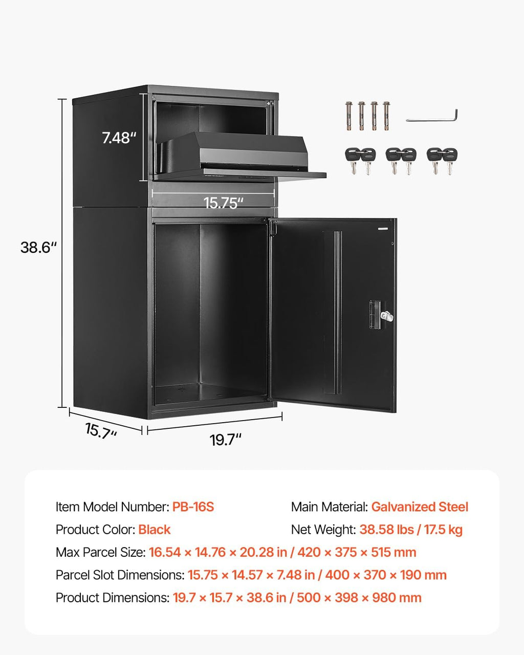 VEVOR Package Delivery Boxes for Outside, 38.6 in Mailbox for Parcel with Lock, Galvanized Steel Package Drop Box with Anti-Theft Design, Weather-Resistant Package Mailbox for Home and Office, Black