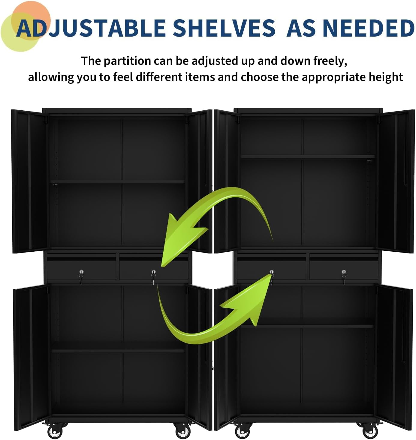 GarveeHome 72' Metal Storage Cabinet with Wheels, Locking Doors & 2 Drawers,Heavy Duty Rolling Garage Organizer with 2 Adjustable Shelves (with Wheels, with 2 Draws)
