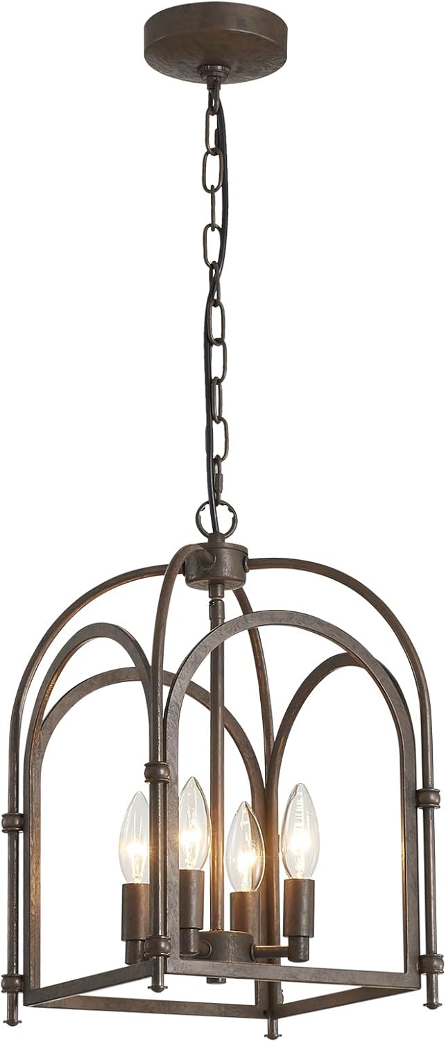 4-Light Chandeliers, Farmhouse Chandelier for Dining Room Light Fixtures, Lantern Metal Kitchen Pendant Light Fixtures, Rustic Cage Chandelier for Bedroom Living Room Kitchen Island Hallway