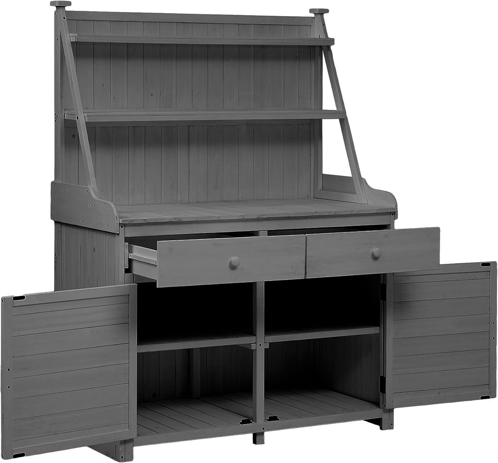 JIVOIT Modern 65inch Garden Potting Bench Table, Fir Wood Workstation with Three-Tier Storage Shelf, Two Drawer and Cabinet, Large Gardening Workstation for Outdoor Space