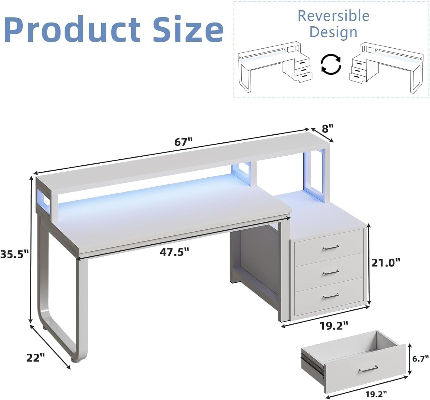 MaverickFurni 67' White Desk with Drawers, Reversible Computer Desk with Moniter Stand and LED Lights, Home Office Desk with Printer Shelf, White