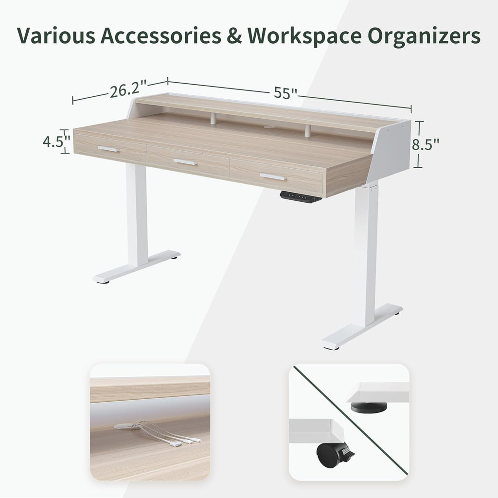FEZIBO Electric Standing Desk with Drawers, 55x26 Inch Standing Desk Adjustable Height, Stand Up Desk with Monitor Shelf, Sit Stand Home Office Desk, Light Walnut