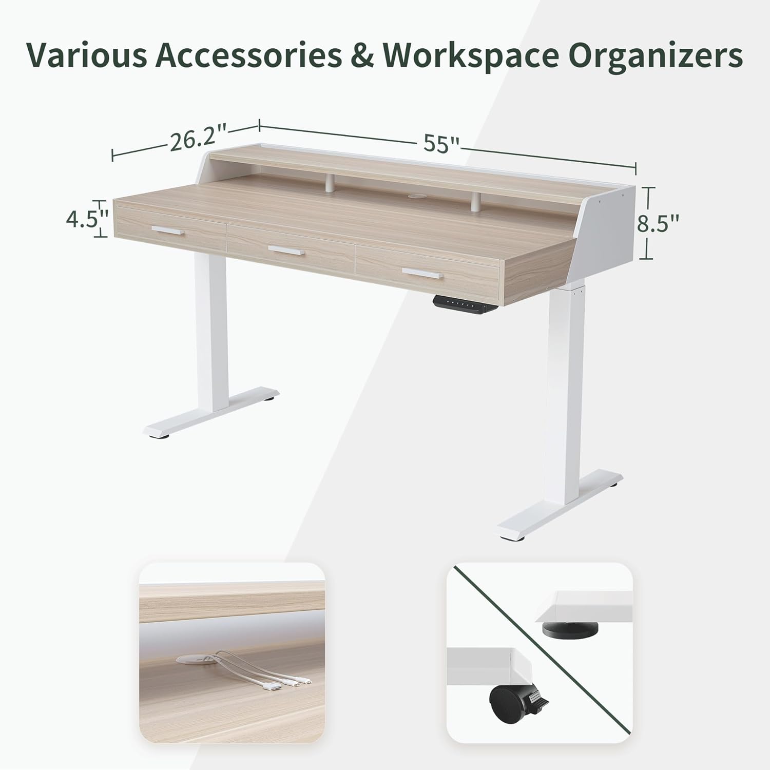 FEZIBO Electric Standing Desk with Drawers, 55x26 Inch Standing Desk Adjustable Height, Stand Up Desk with Monitor Shelf, Sit Stand Home Office Desk, Light Walnut