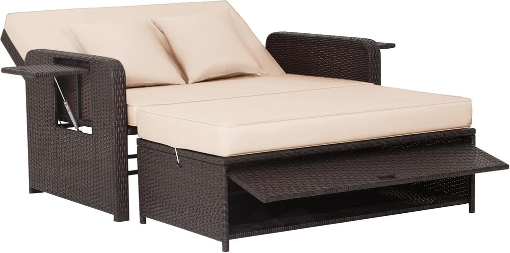 COSTWAY Patio Rattan Daybed with Cushions, Outdoor Wicker Loveseat Sofa with Storage Ottoman, 4-Level Adjustable Backrest, Bed Lounger for Yard, Balcony, Porch, Garden, Pool (Off White)