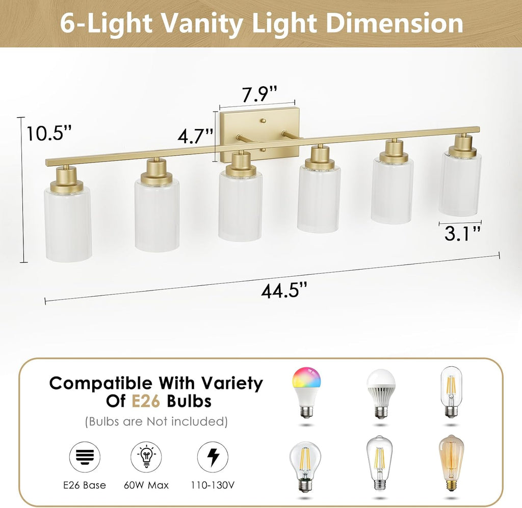 Jonsi Bathroom Vanity Light 6-Light Gold Vanity Lights 44.5' Bathroom Light Fixtures Over Mirror with Double Clear Glass Modern Wall Sconces for Living Room Hallway Bedroom