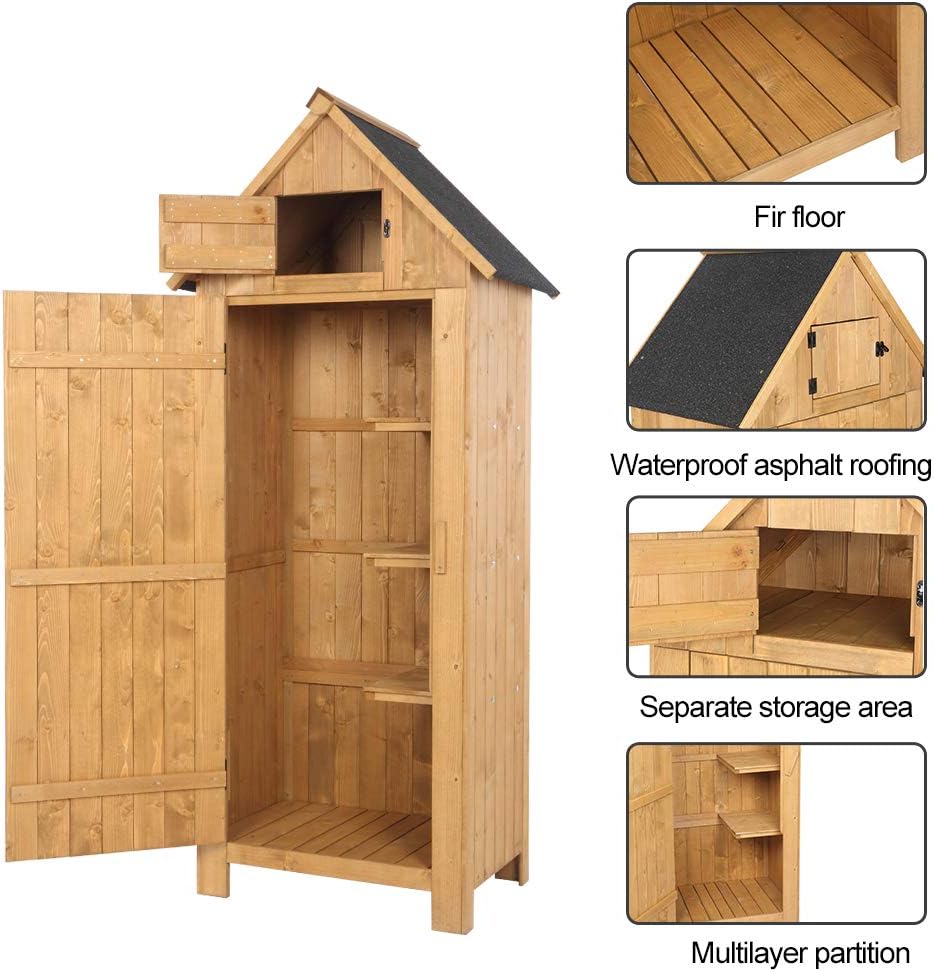 Outvita Outdoor Storage Cabinet, 70in Wooden Vertical Garden Tools Shed, Patio Storage Organizer with Latch & Waterproof Roof for Yard Deck Lawn Equipment, Natural