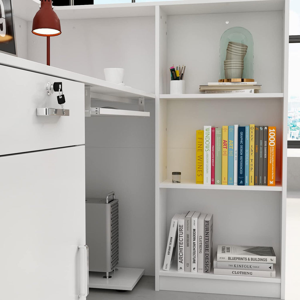 ECACAD 55.1' W L-Shaped Reception Desk with Lockable Drawer, Open Shelves & Keyboard Tray, Office Desk Reception Counter Table with File Cabinet and Black Stickers, White