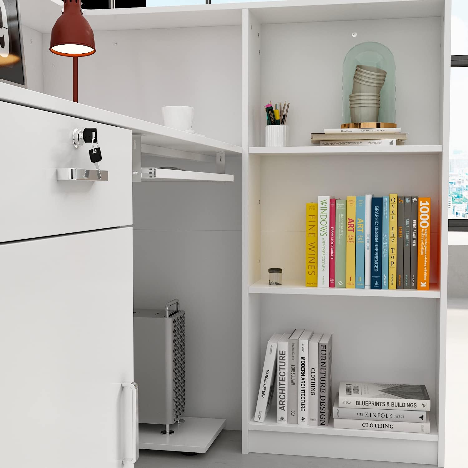 ECACAD 55.1' W L-Shaped Reception Desk with Lockable Drawer, Open Shelves & Keyboard Tray, Office Desk Reception Counter Table with File Cabinet and Black Stickers, White