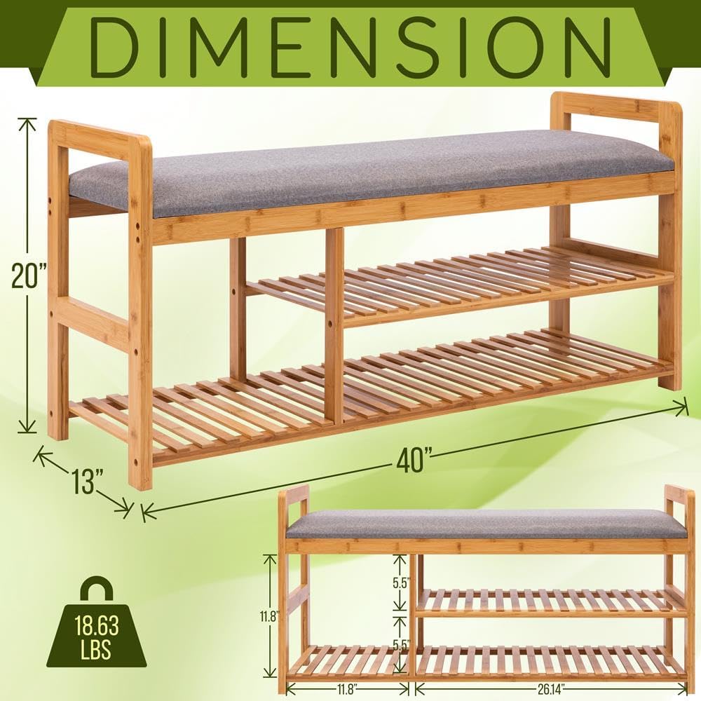 SereneLife 2 in 1 Bamboo Shoe Rack Bench with Storage and Cushion Seat, 3 Tier Small Organizer Wooden Furniture, for Entryway, Hallway, Living Room, Bathroom, Garage, Bedroom, Indoor and Outdoor Use