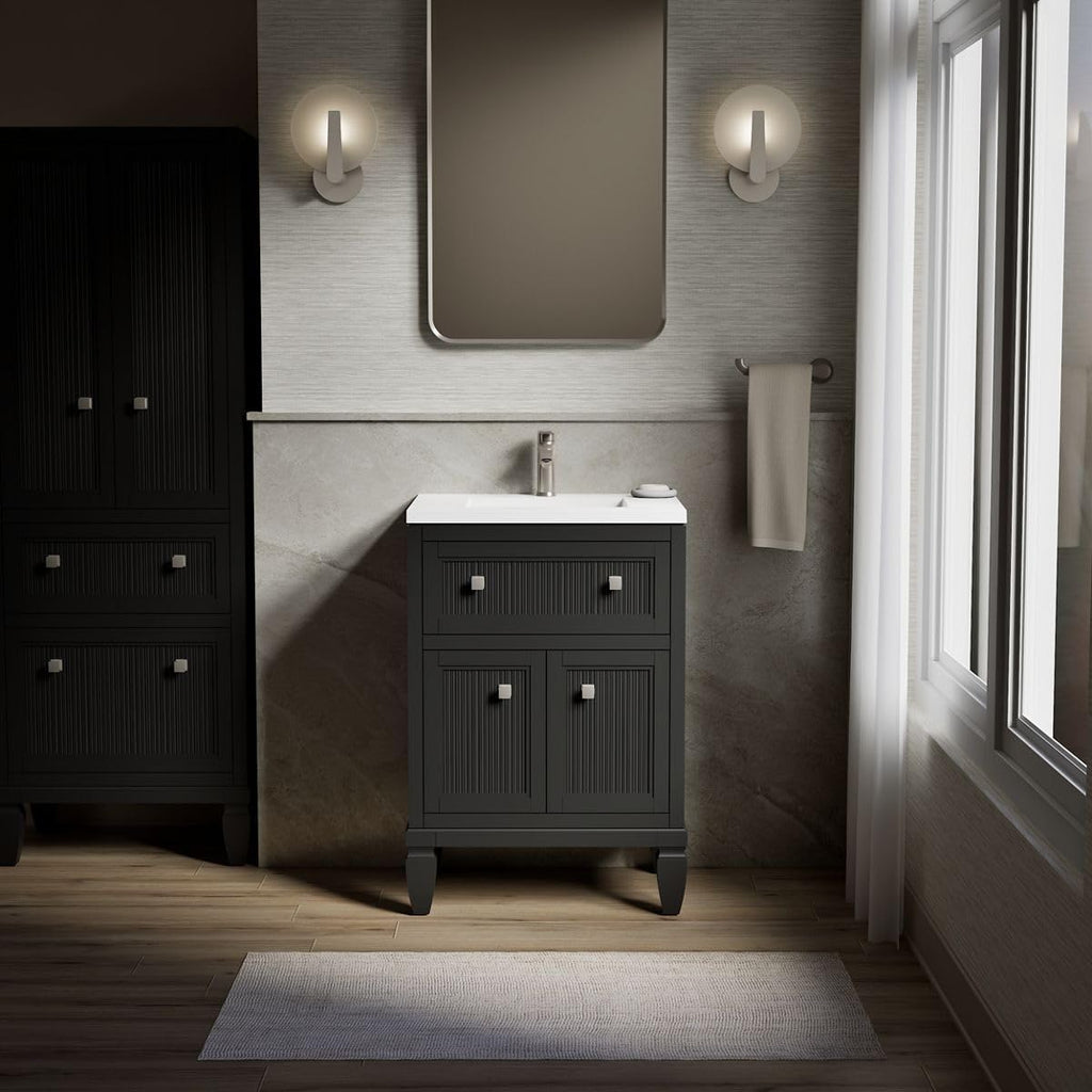 Kohler Hearthaven 24 Inch Bathroom Vanity Cabinet with White Single Sink and Quartz Top, Modern Bathroom Vanity, Slate Gray, K-33535-ASB-1WX