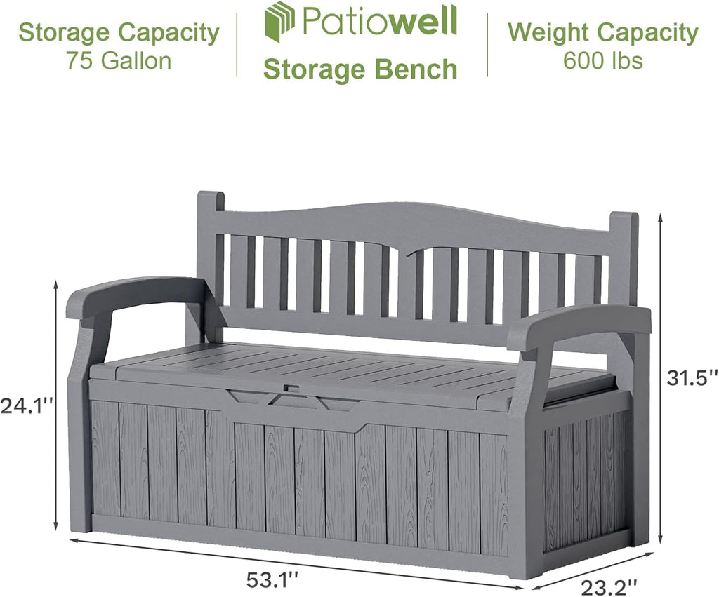 Patiowell 75 Gallon Plastic Storage Bench, Water-Resistant Deck Box for Patio Furniture, Garden Tools, Pool Storage and Outdoor Cushions, Grey
