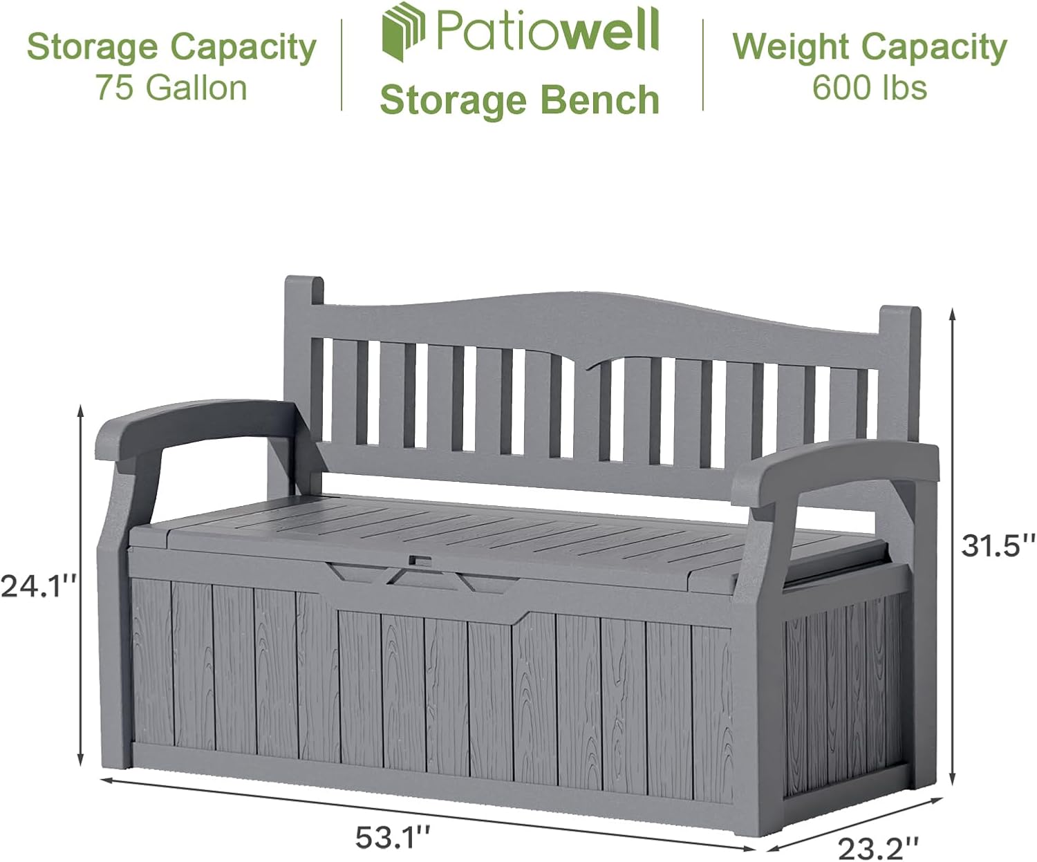 Patiowell 75 Gallon Plastic Storage Bench, Water-Resistant Deck Box for Patio Furniture, Garden Tools, Pool Storage and Outdoor Cushions, Grey