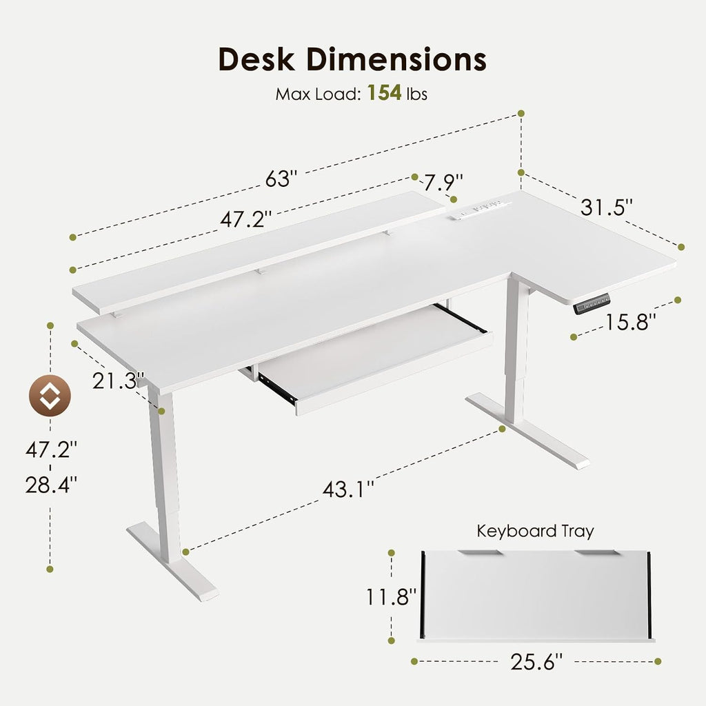 OffiGo 63 Inch L Shaped Electric Standing Desk with Keyboard Tray, Reversible Height Adjustable Corner Computer Desk with Monitor Stand, Sit Stand Up Lift Table for Home, Office, White