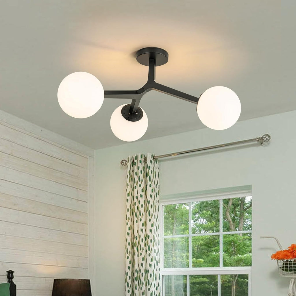 Lingkai Black Semi Flush Mount Ceiling Light Fixture, Mid Century Modern Light Fixtures Ceiling, 3-Light 23.6' Black Sputnik Ceiling Light Fixture for Living Room, Bedroom, Bathroom, Over The Sink