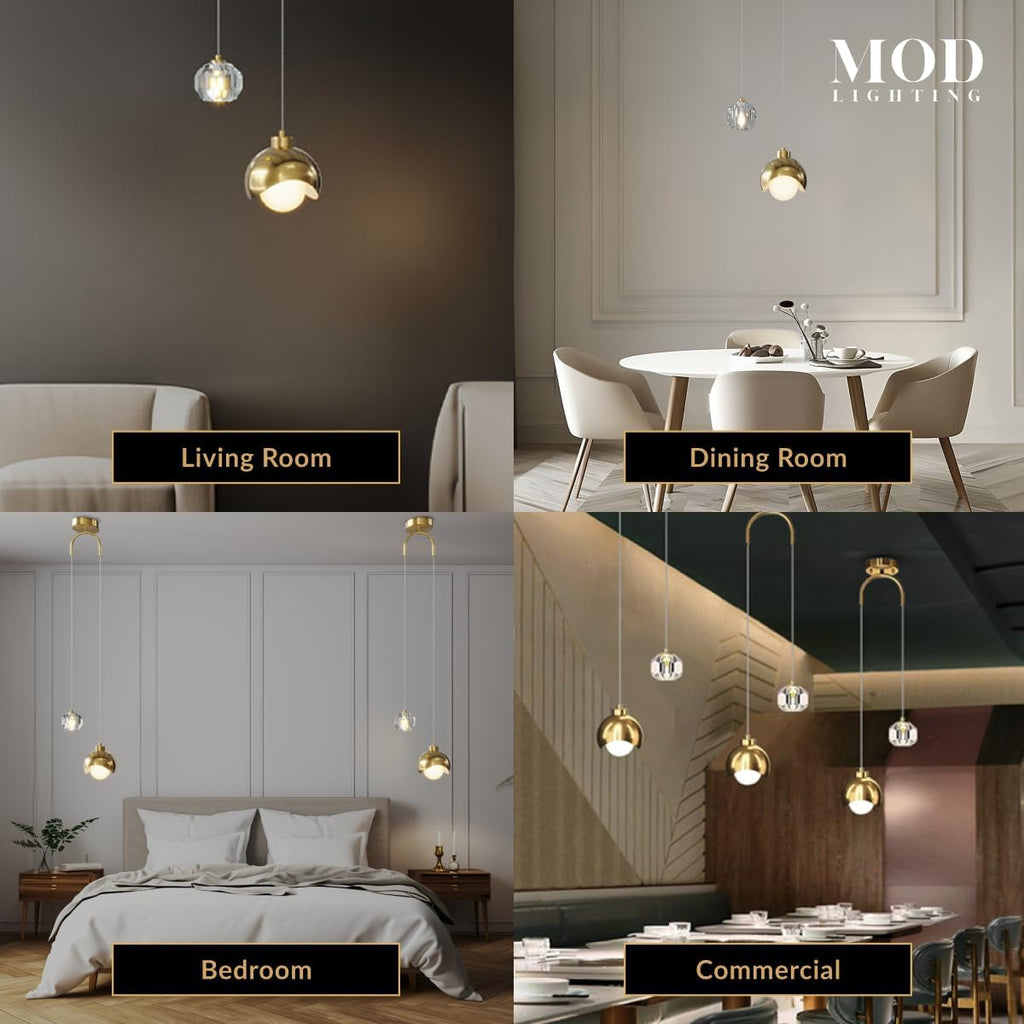 MOD LIGHTING Diana | Modern Gold Pendant Light Fixtures, Hanging Lights for Kitchen Island, Bedroom Lighting for Tracking, Dimmable LED Bulbs, 1-Pack (Gold & Crystal | 79' | Warm White)