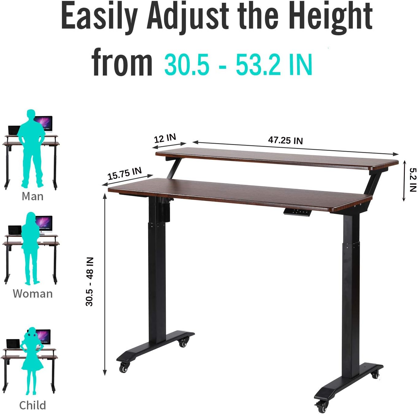 UNICOO Electric Height Adjustable 2-Tier Raising Desk with Wheels, Mobile Standing Desk with Monitor Stand, Ergonomic Adjustable Computer Table, Electric Standing Game Table for Home Office