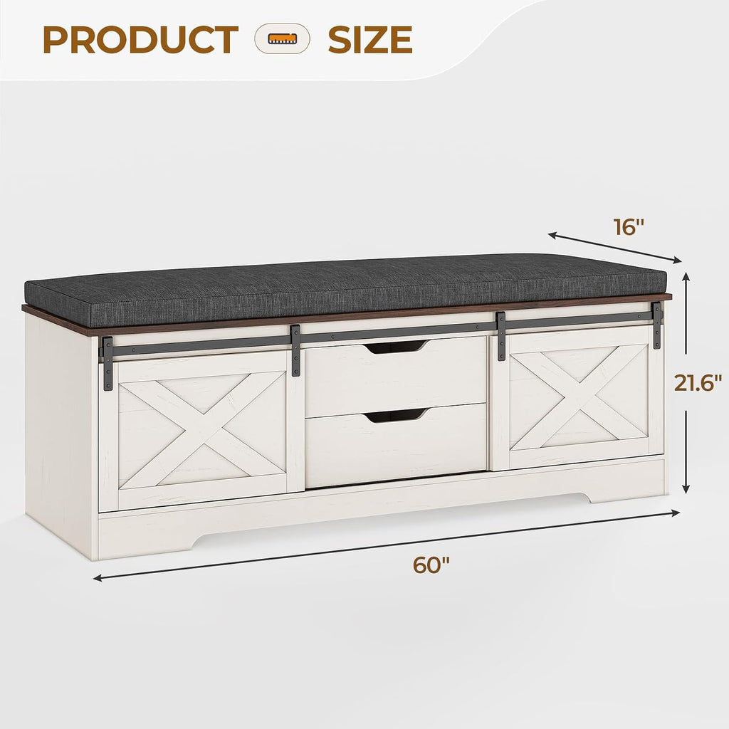 UPOSOJA 60' Farmhouse Storage Bench with Cushion, Shoe Rack with Slide Barn Doors, Adjustable Shelf and 2 Drawer for Entry, Bedroom, Closet, Living Room, Hallway (White Brown, 60 in)