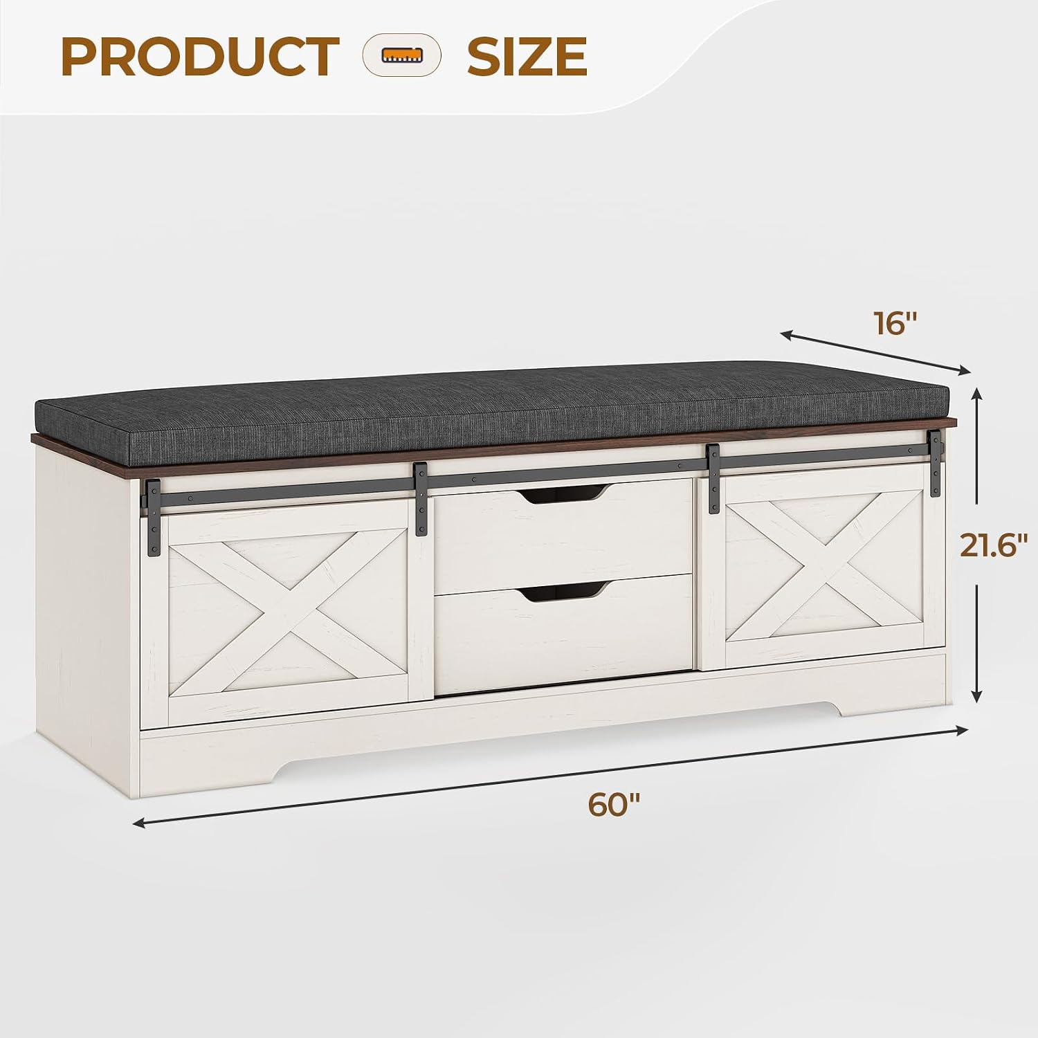 UPOSOJA 60' Farmhouse Storage Bench with Cushion, Shoe Rack with Slide Barn Doors, Adjustable Shelf and 2 Drawer for Entry, Bedroom, Closet, Living Room, Hallway (White Brown, 60 in)