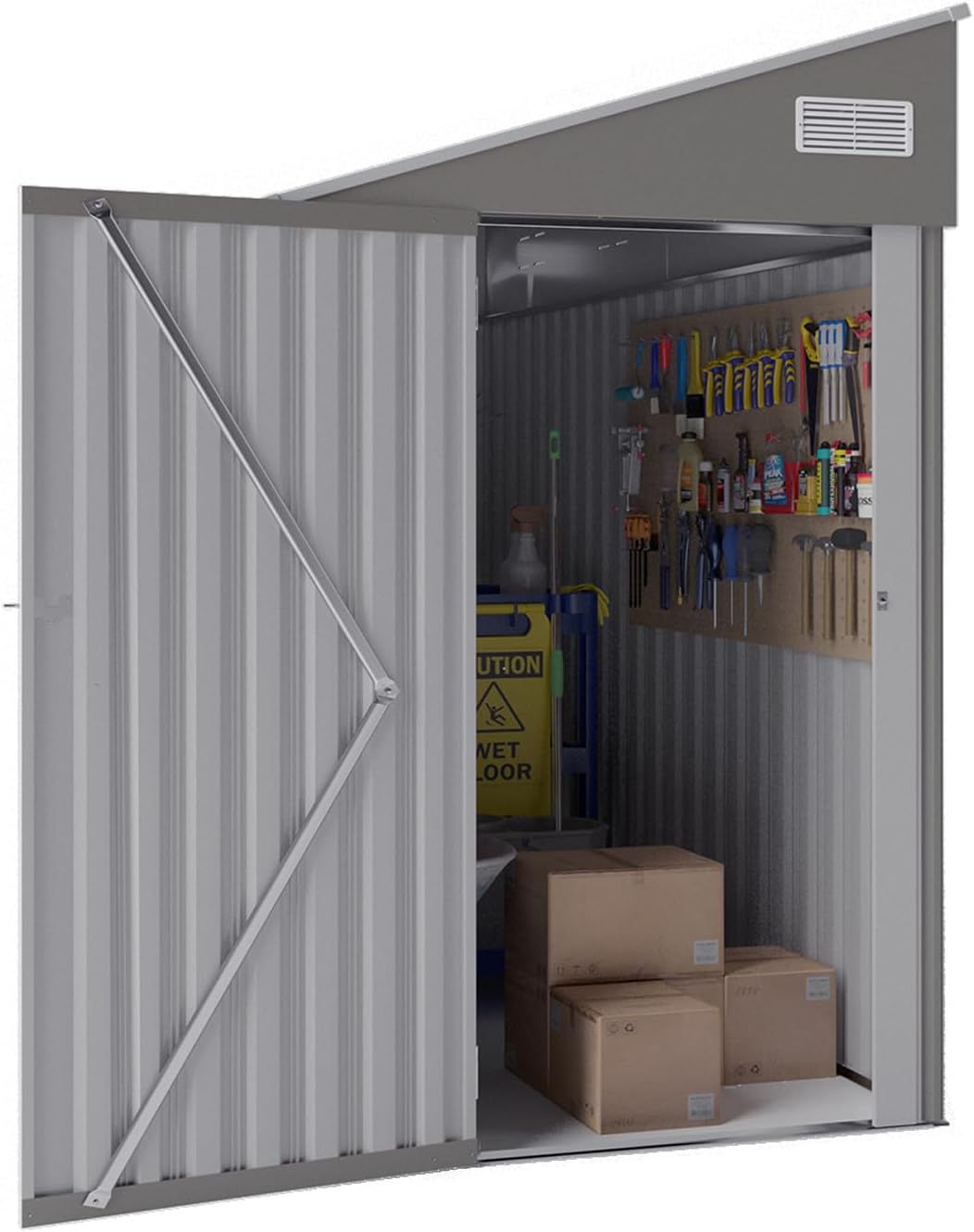 YOPTO 4×8 FT Outdoor Metal Storage Shed,Heavy-Duty Lean to Storage Shed with Lockable Single Side Hinge Door,Waterproof Metal Storage Tool House W/Sloping Roof,Air Vent&Protect Film,for Backyard,Gray
