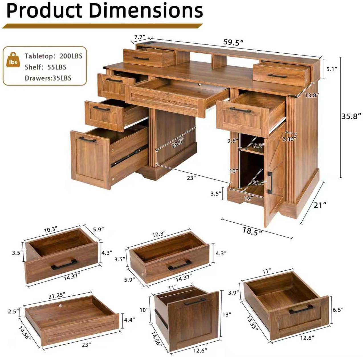 59.5' Farmhouse Office Desk with USB Charging Station, Fixed Monitor Stand with Drawers, Convertible Keyboard Tray & File Cabinet, Home Computer Workstation with Large Storage
