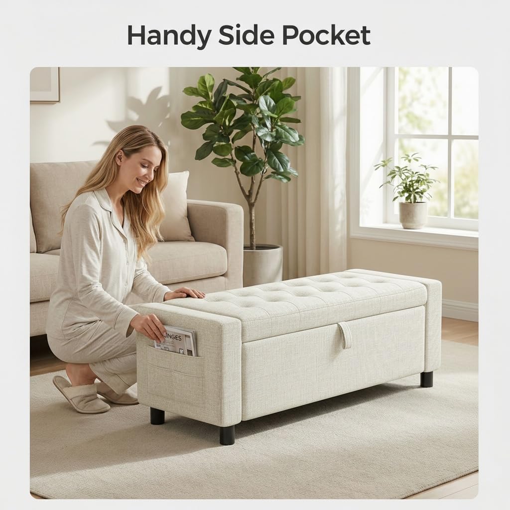 Amada 46' Storage Ottoman Bench with Safety Hinge, Hidden Compartment & Side Pocket - Upholstered End of Bed/Entryway Bench for Bedroom & Living Room, 400 lbs Weight Capacity, Beige