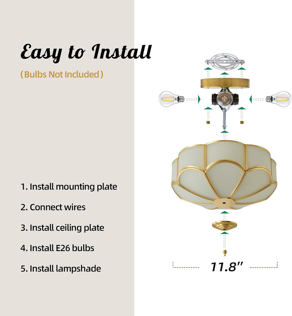 Gold Vintage Brass Ceiling Light - Small 11.8 Inch Milk Glass Mid Century Flush Mount Lighting Fixtures - Art Deco Antique Modern Lamp for Hallway Bedroom Kitchen Entryway Laundry Foyer Bathroom Hall