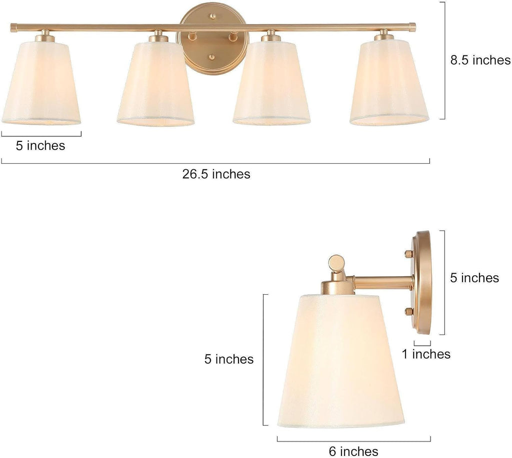 KSANA Large Bathroom Light Fixtures, 4-Light Modern Gold Vanity Lights Over Mirror White Fabric Shade Bathroom Vanity Lighting for Bedroom, Kitchen, Hallway