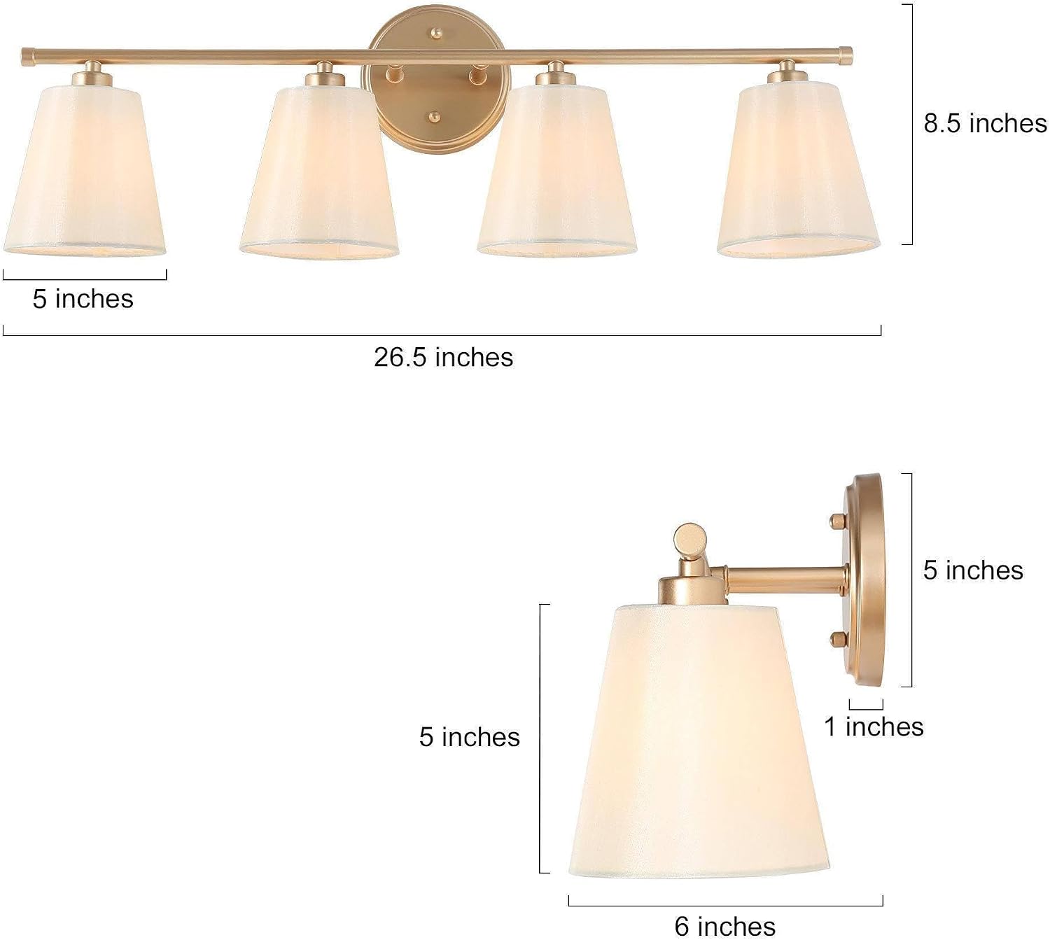 KSANA Large Bathroom Light Fixtures, 4-Light Modern Gold Vanity Lights Over Mirror White Fabric Shade Bathroom Vanity Lighting for Bedroom, Kitchen, Hallway