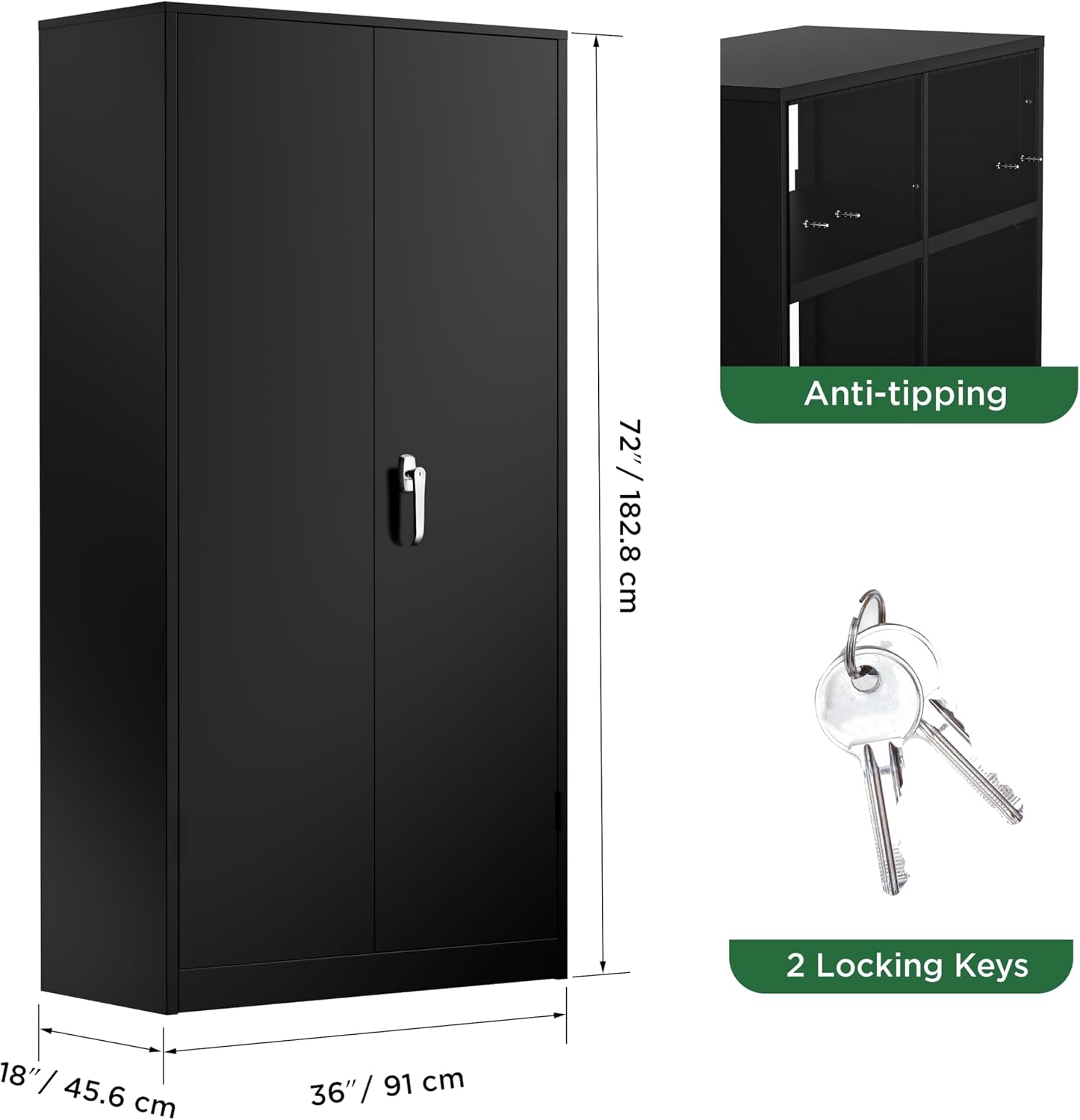 Greenvelly 72' H Metal Storage Cabinet, 36' W x 18' D Black Locking Metal Cabinet Garage Storage Cabinet with Doors and 4 Adjustable Shelves, Lockable Steel Cabinets for Home Office, Garage, School