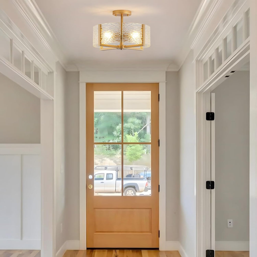 18 inch Large Gold Semi Flush Mount Drum Ceiling Light Fixture, 4-Light Glass Close to Ceiling Lighting Fixtures for Bedroom Hallway Kitchen Foyer Bathroom Closet Entryway Laundry Room