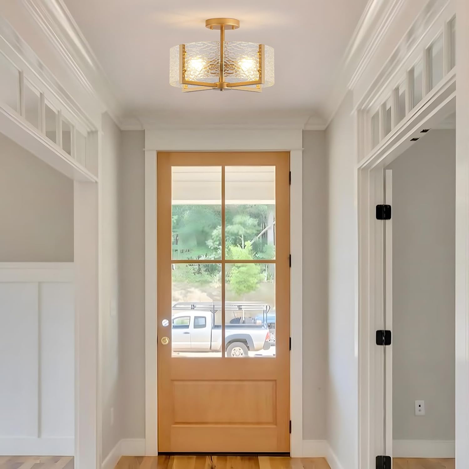 18 inch Large Gold Semi Flush Mount Drum Ceiling Light Fixture, 4-Light Glass Close to Ceiling Lighting Fixtures for Bedroom Hallway Kitchen Foyer Bathroom Closet Entryway Laundry Room