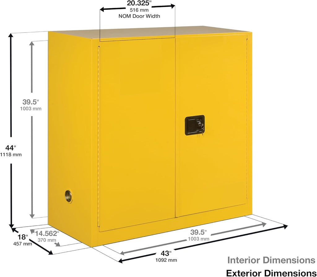 Justrite 30 Gallon Manual Close Flammable Storage Cabinet, 18 Gauge Steel, 1 Shelf, 2 Door Fire Cabinet, 44' x 43' x 18', Made in The USA, Yellow, 893000