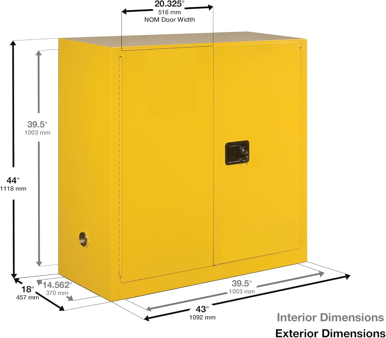 Justrite 30 Gallon Manual Close Flammable Storage Cabinet, 18 Gauge Steel, 1 Shelf, 2 Door Fire Cabinet, 44' x 43' x 18', Made in The USA, Yellow, 893000