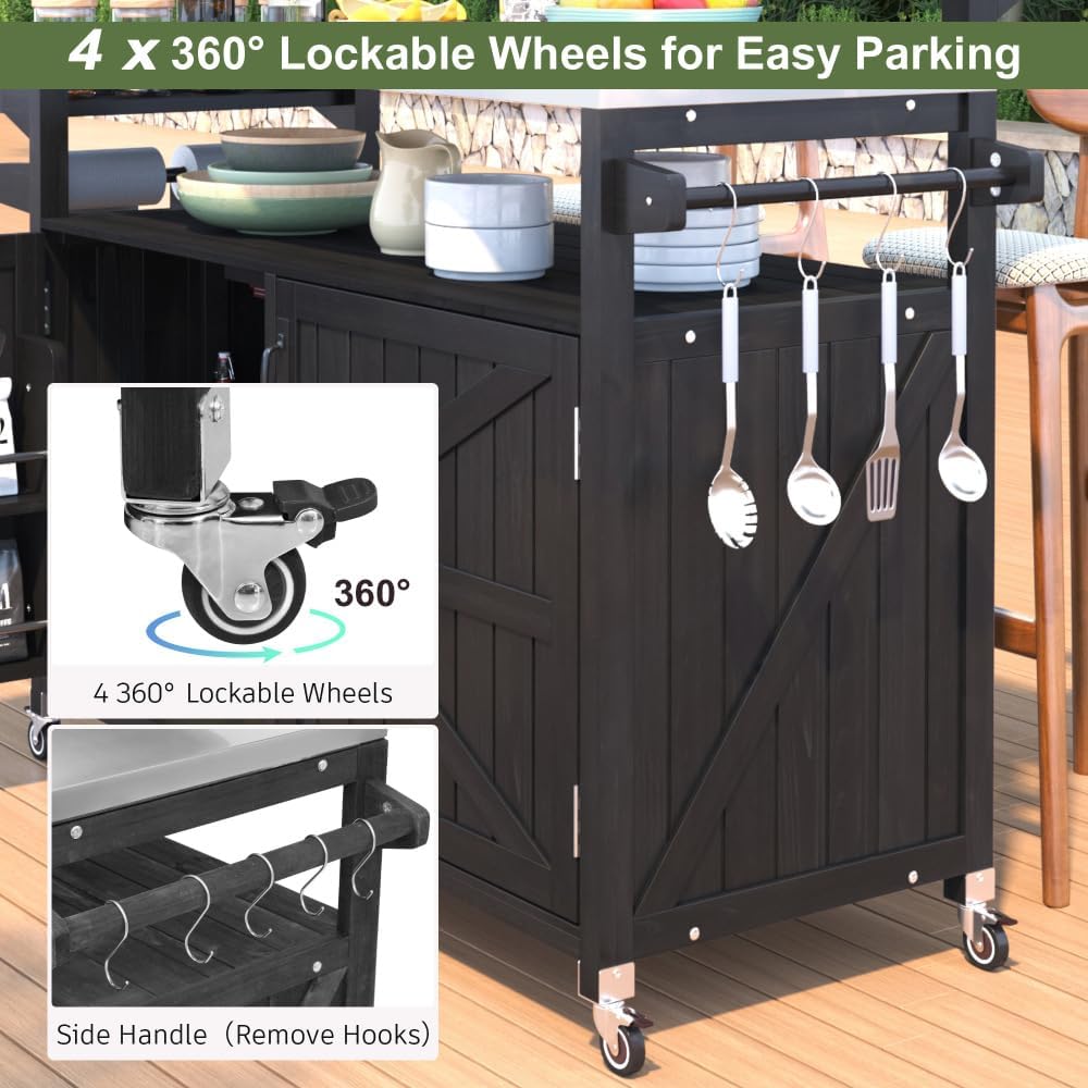 53.3' Outdoor Kitchen Island with Raised Shelf, Solid Wood Storage Cabinet with Stainless Steel Top, Outdoor Rolling Grill Cart with Internal Storage Rack, Adjustable Shelf, Spice Rack (Black)