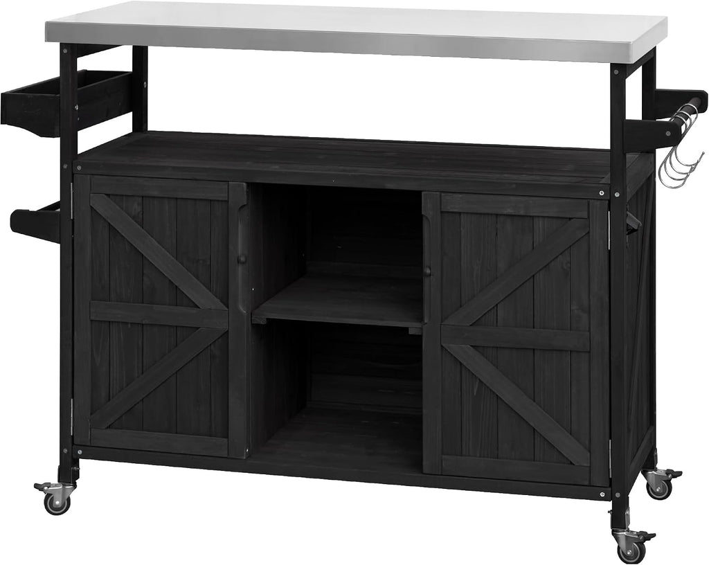 50.25 Outdoor Kitchen Island, Rolling Bar Cart & Storage Cabinet, Farmhouse Solid Wood Outdoor Grill Table with Stainless Steel Top, Spice Rack, Towel Rack for Kitchen & BBQ, Black