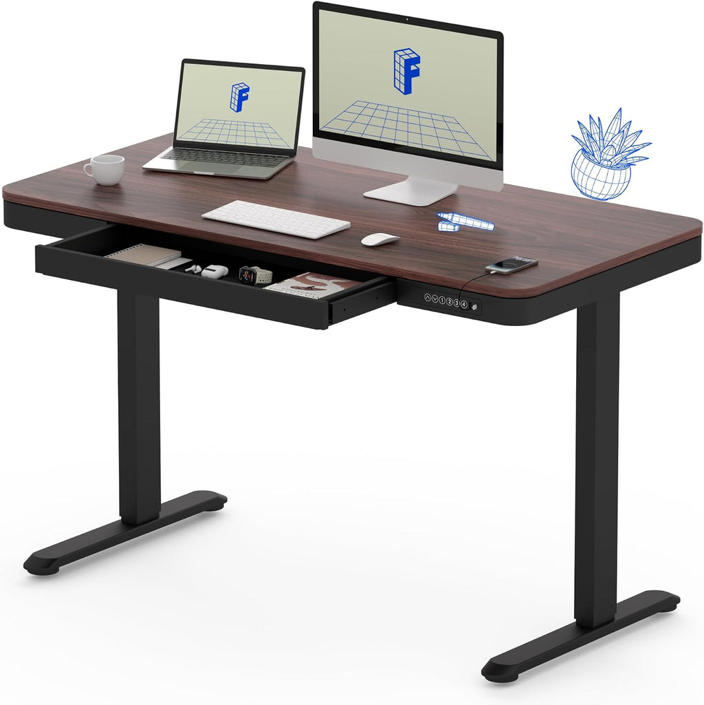 FLEXISPOT Comhar 48' Electric Standing Desk with Drawers, Quick Assembly Home Office Sit Stand Desk with Storage & USB Charging, Computer Workstation for Home Office (48' Wood, Dark Walnut/Black)