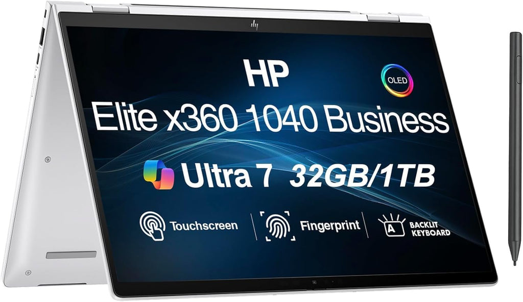 HP EliteBook x360 1040 G11 2-in-1 Business AI Laptop 14.0' Touchscreen OLED 2.8K Display (Intel Ultra 7-155H vPro, 32GB RAM, 1TB SSD, Active Pen, Copilot, Backlit KB, FP, IR Webcam, 2 TB 4, Win11Pro)